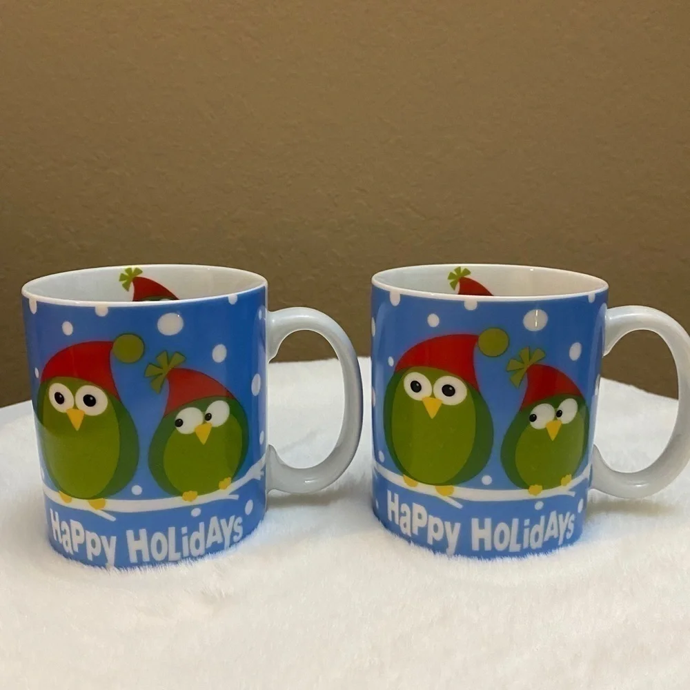 Pier 1 Holiday Owl Mugs – Set of 2 – Christmas Ceramic Cups